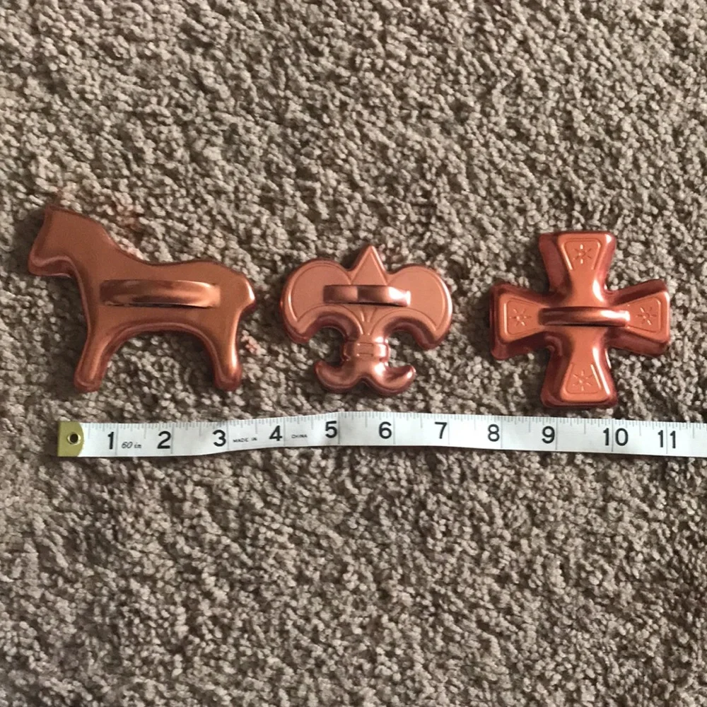 Three Copper Tone Cookie Cutters with Handles Fleur de lis Horse Iron Chopper